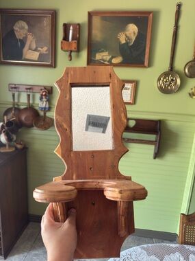 Rustic Wooden Wall Mirror Shelf - Natural Brown